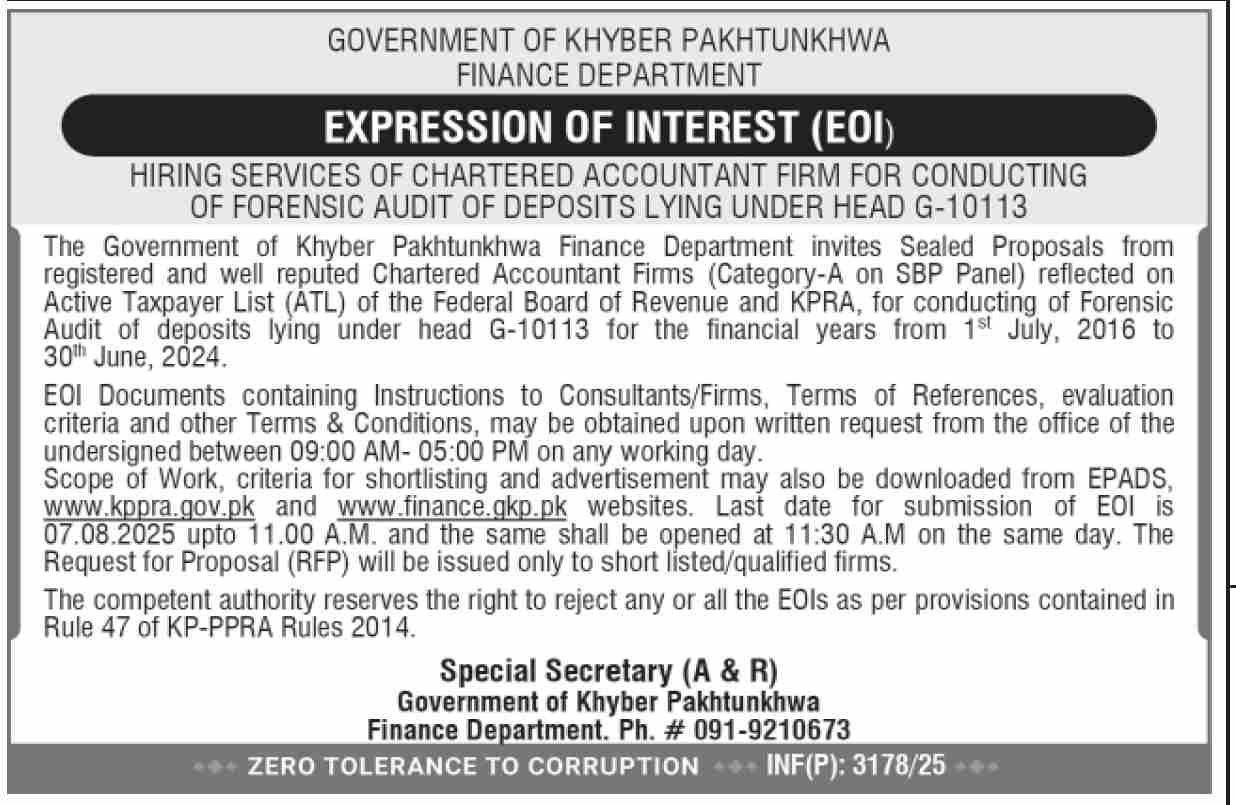 Finance Department KPK Tender Notice